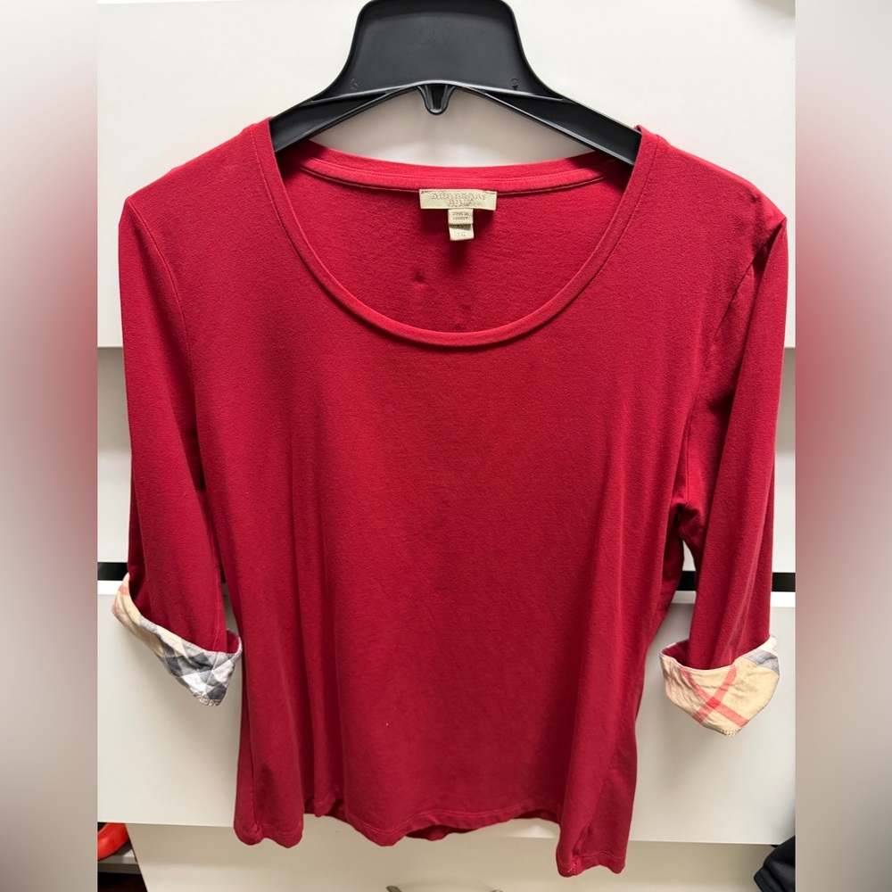 Burberry Red 3/4 Sleeve Top with Check Cuffs